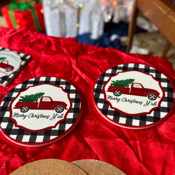 8x Red Truck Christmas Ceramic Coaster Trivet Set - Picture 7 of 7
